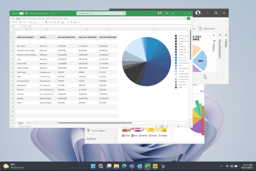 Se observa una distribución de acoplamiento con PowerPoint y Excel en la pantalla de un dispositivo Surface Laptop 5