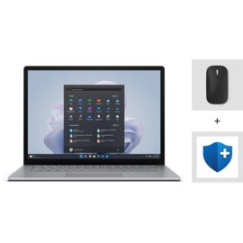 Une vue avant d’une Surface Laptop 5 pour l’entreprise, avec une souris Surface et le logo Microsoft Complete posé à côté.
