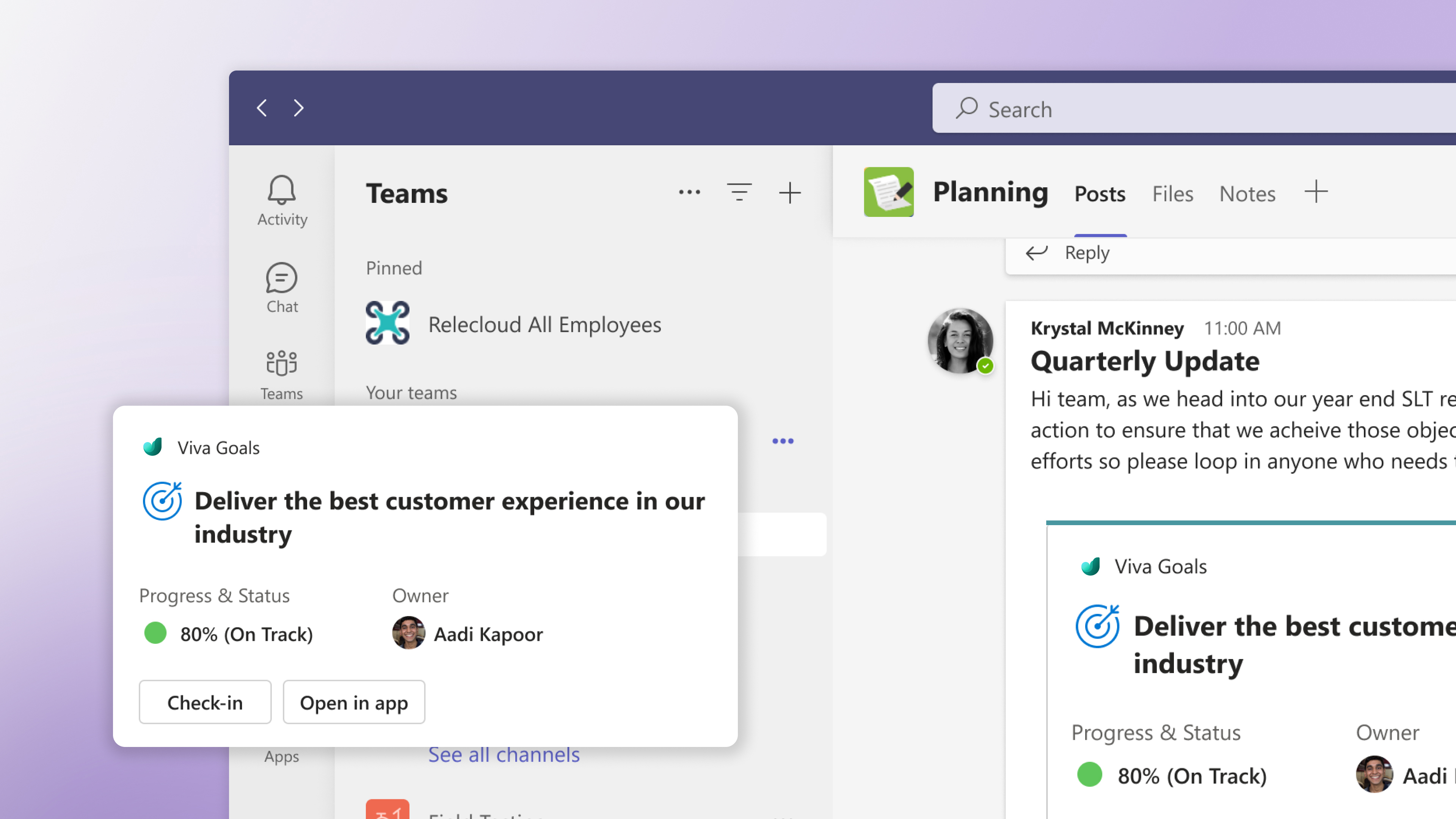 A Teams message in a Planning channel sharing updates and a Viva Goals check-in module.