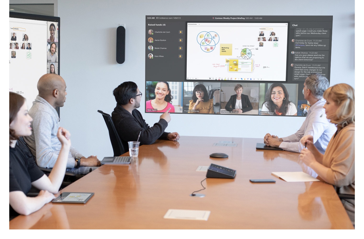 A group of people in a conference room participating in a Teams meeting and a collaborative whiteboard is being worked on together in real time.