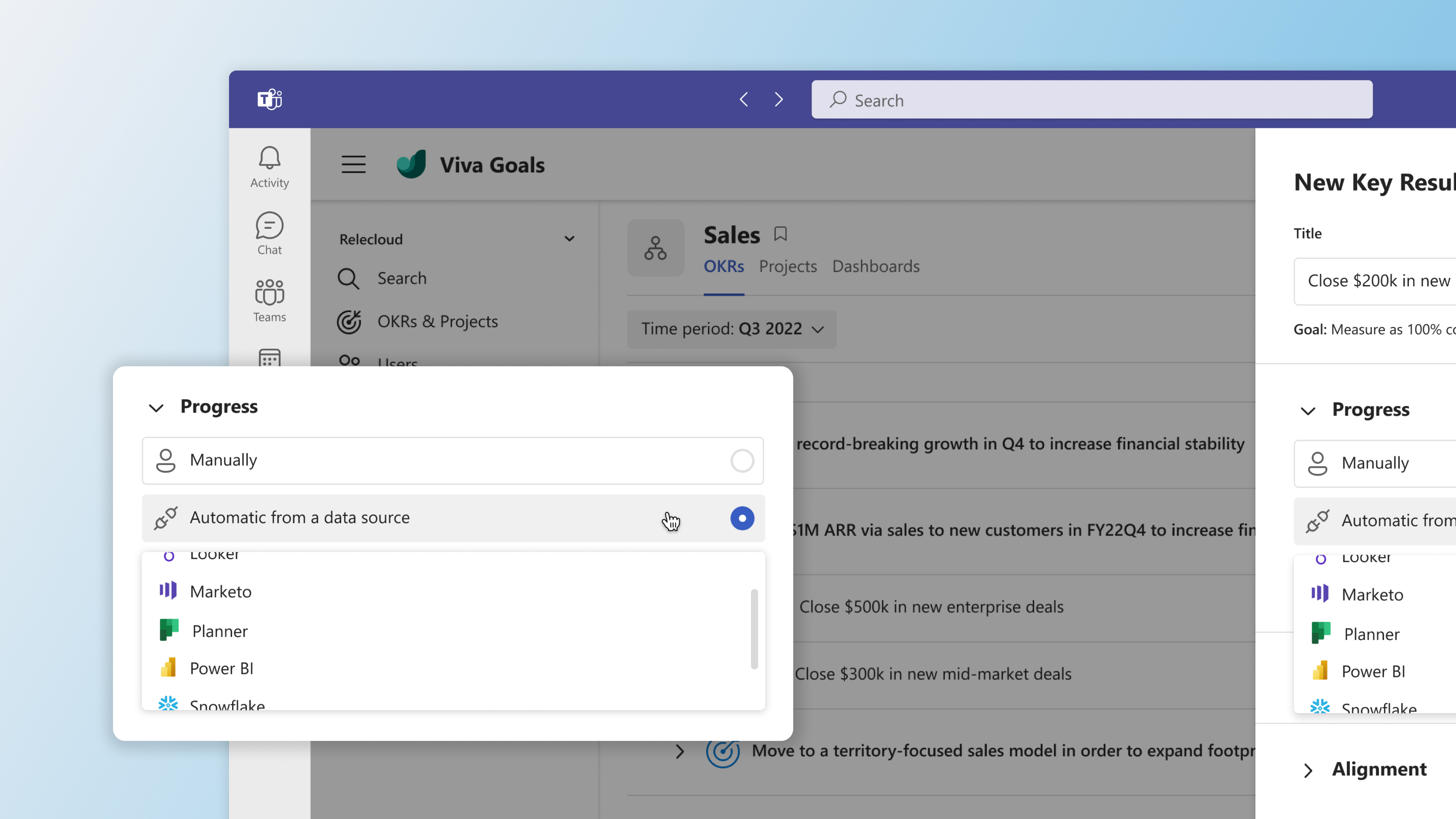 A New Key Result being added in Viva Goals with the dropdown open showing the option to integrate with Marketo, Planner, Power BI and more.