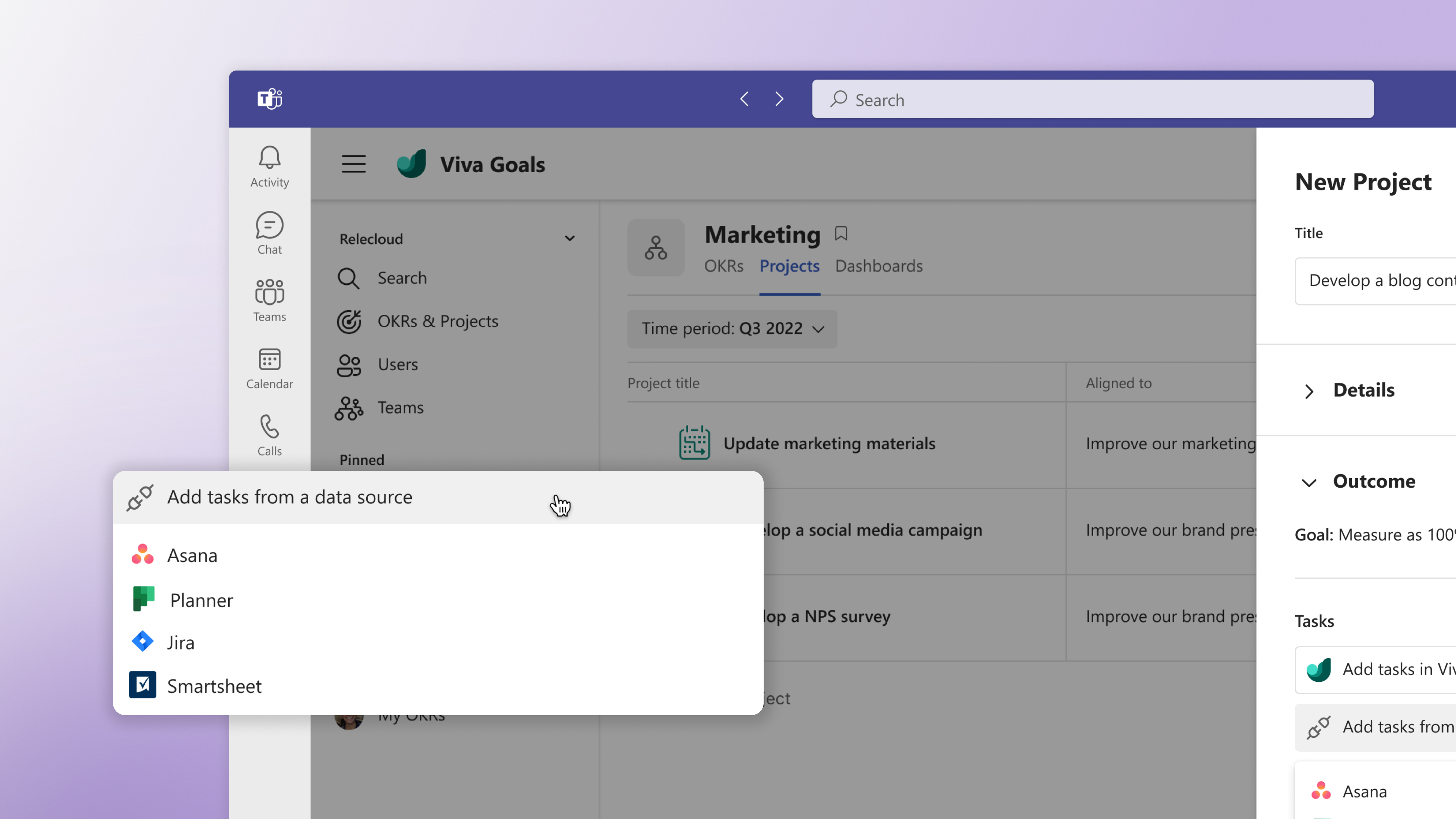A new project being added in Viva Goals and the dropdown open showing options to integrate Asana, Planner, Jira and Smartsheet.