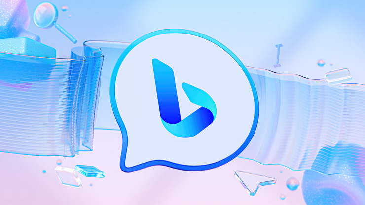 The Bing Chat icon in front of blue and pink decorative elements