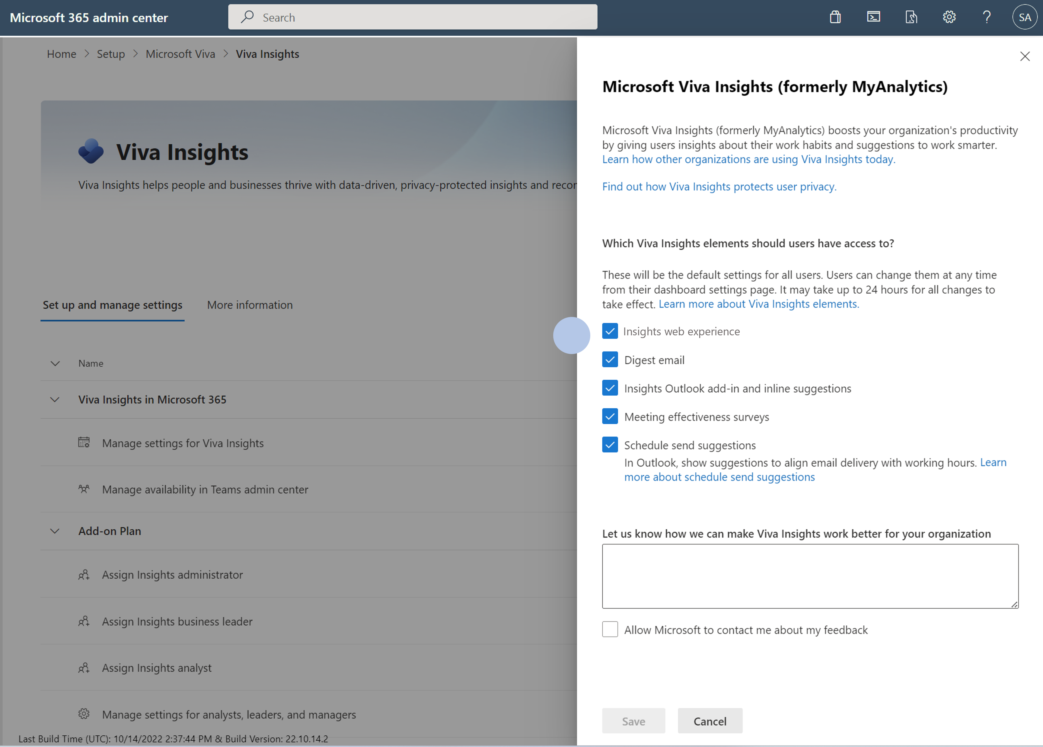 By default, it should show that all Viva Insights elements are enabled.