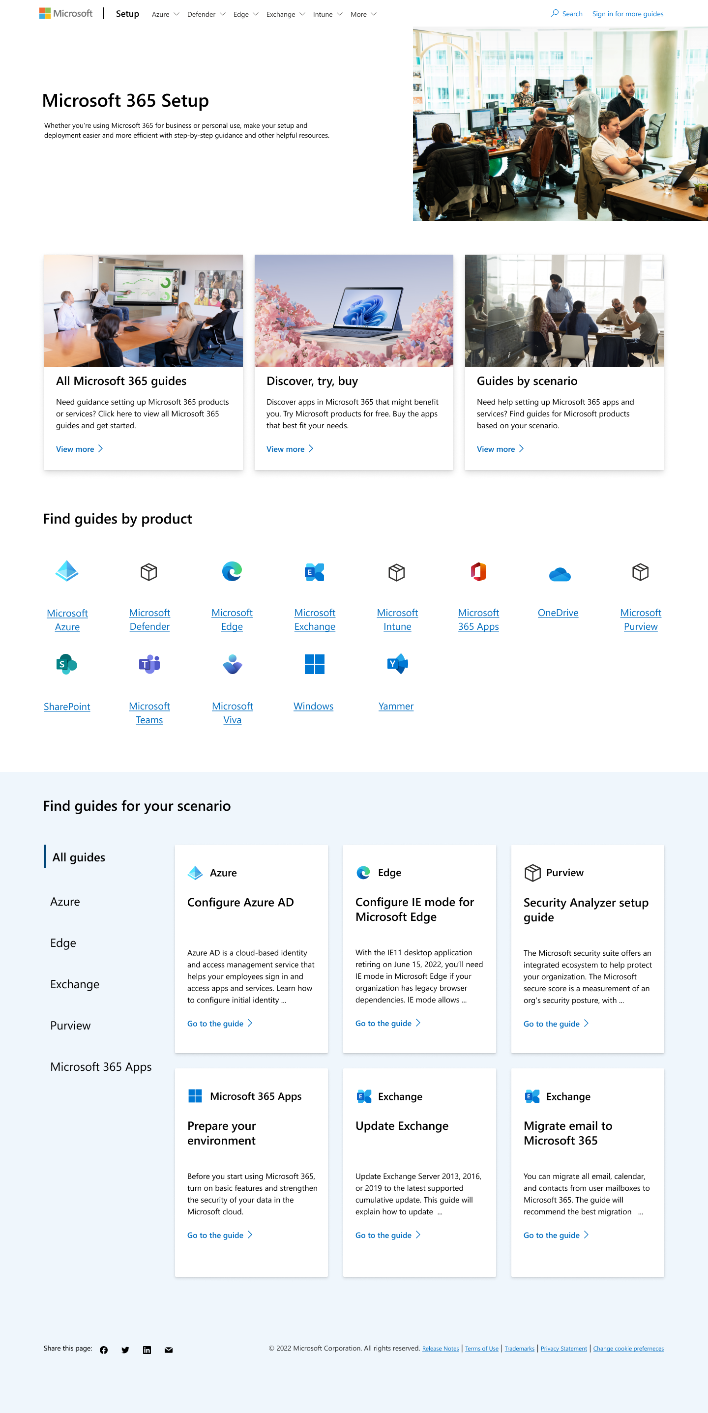 The updated design of the setup.microsoft.com site with new areas to find guides by product or scenario.