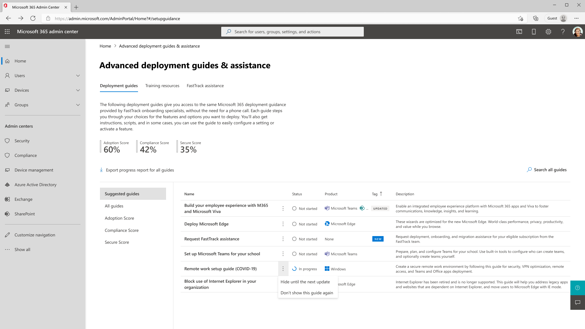 The Suggested guides view on the Advanced deployment guides & assistance page.