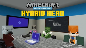 Four characters sit around a conference room depicted in Minecraft with Microsoft Teams logo showing on monitors. 