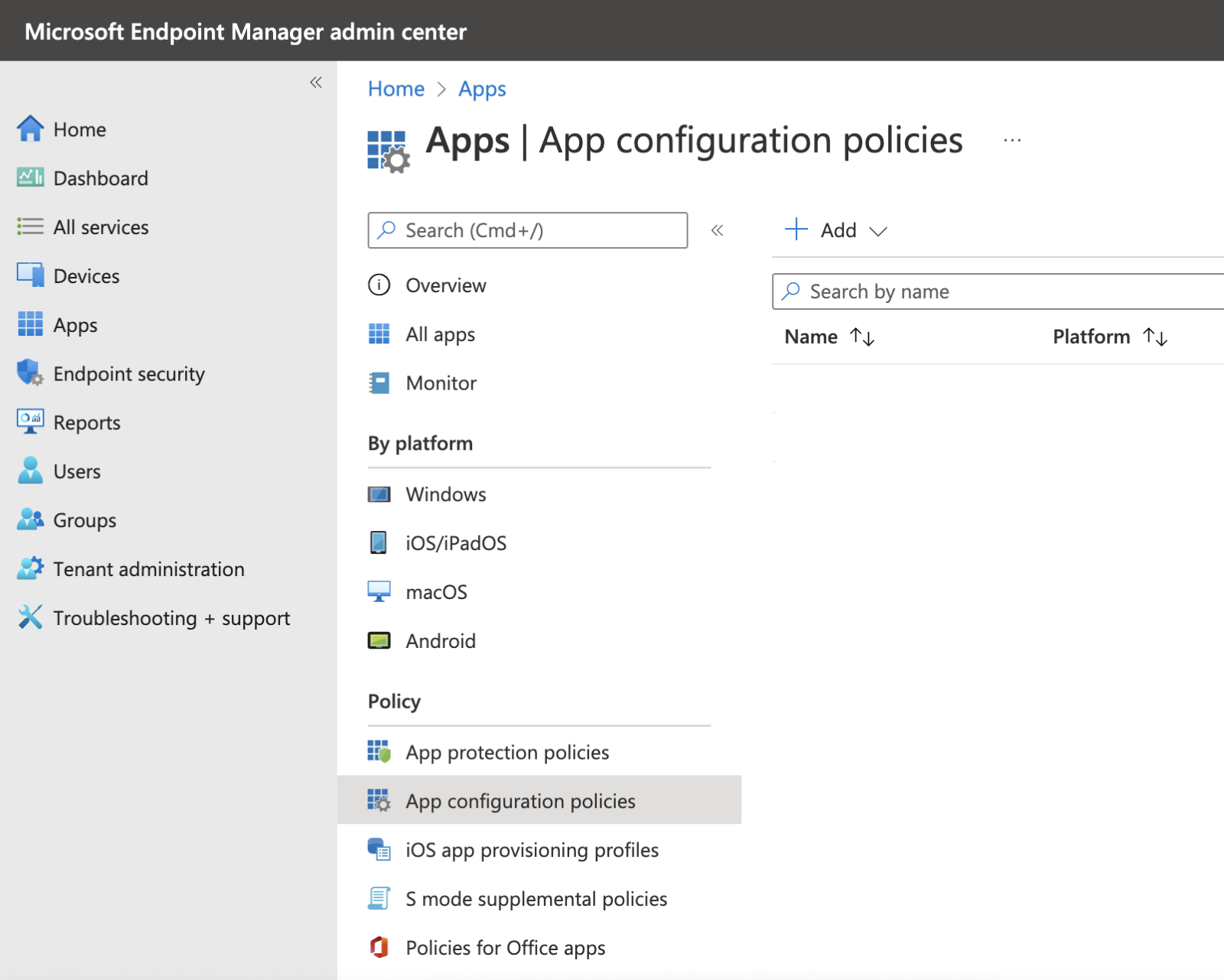 Then, once you are done setting a App Protection Policy, go to App Configuration Policies, click Add > Managed Apps.