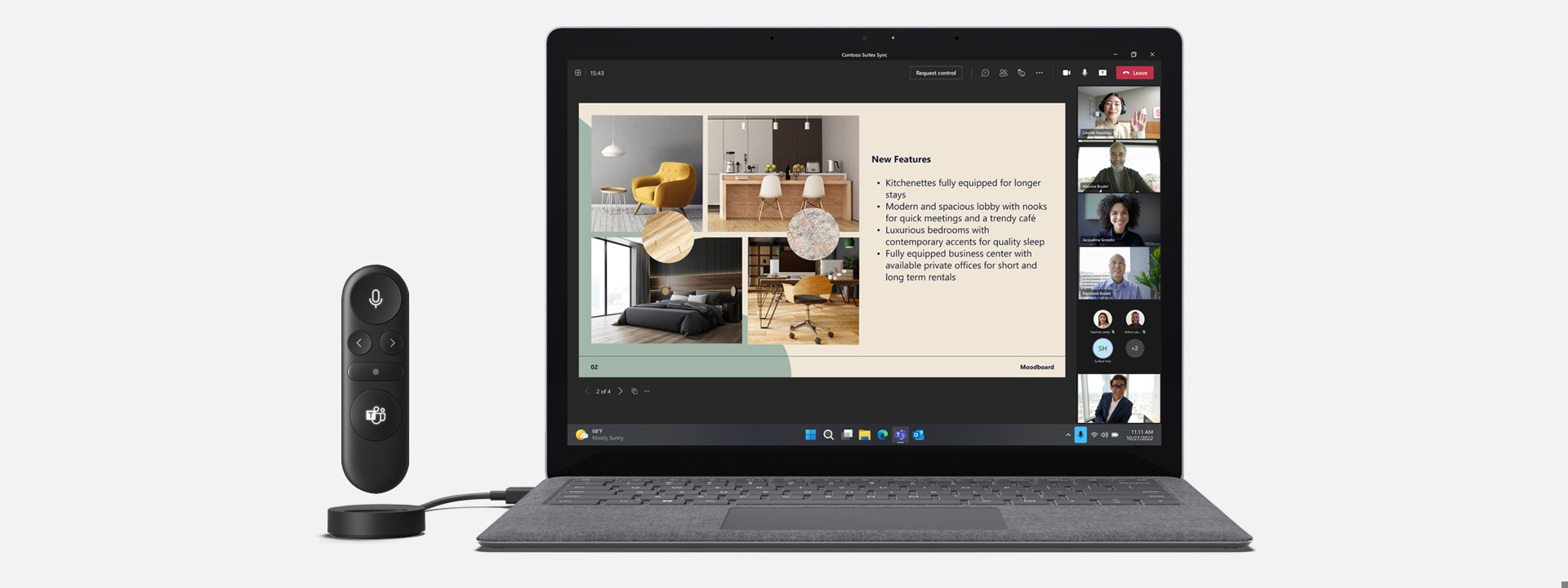 Microsoft Presenter Plus 放在 Surface 设备旁边，设备屏幕上显示 Microsoft Teams 通话
