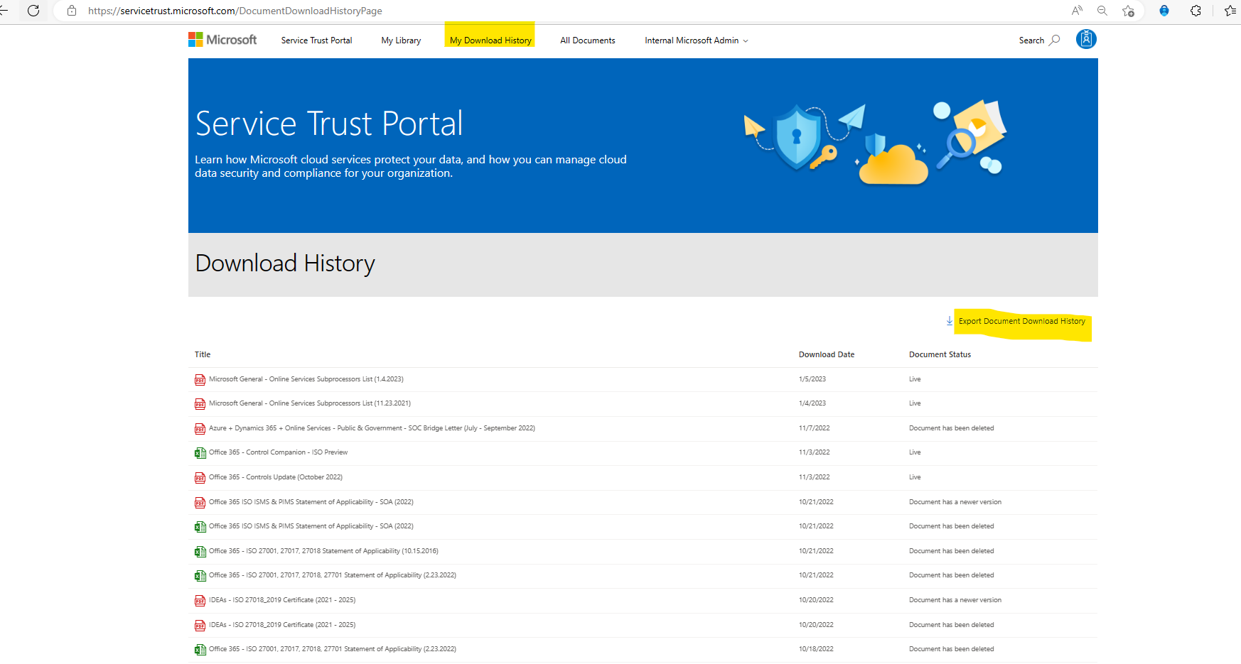 Service Trust Portal Download History