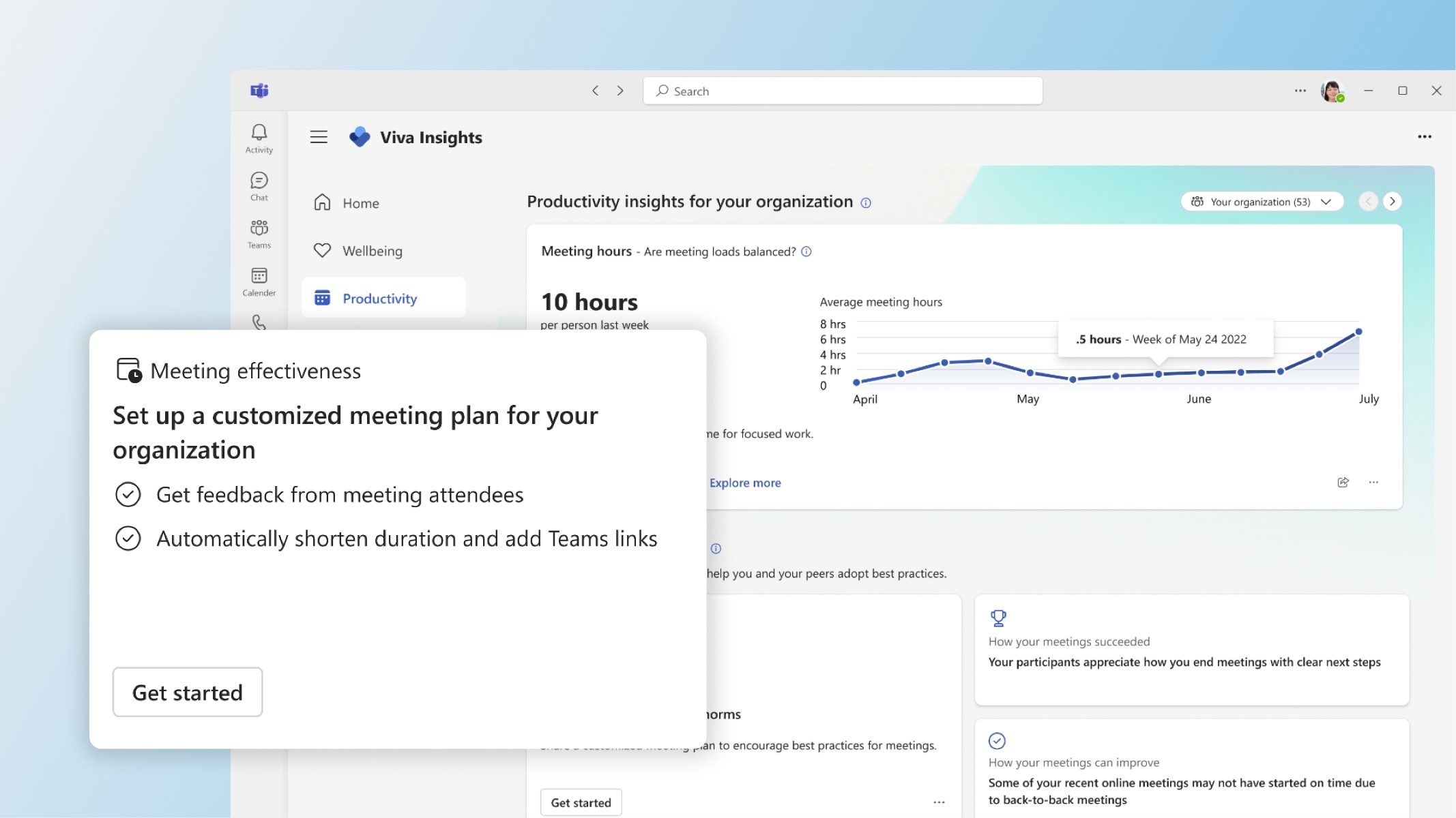 A meeting effectiveness reminder popped out over Viva Insights in Teams.