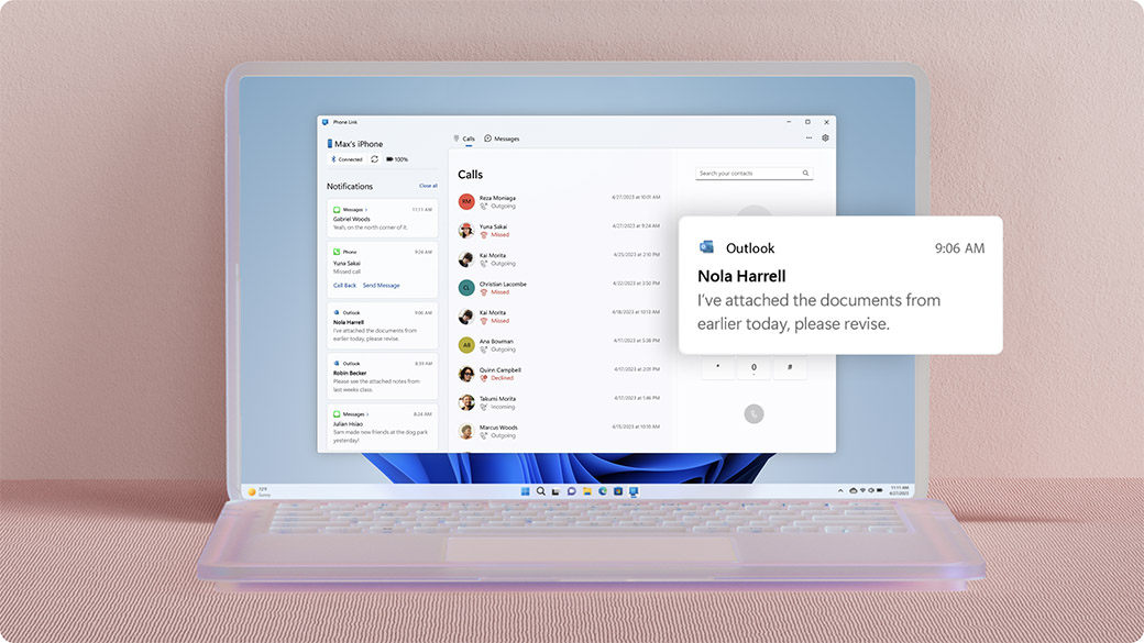 Phone Link-venster met Outlook e-mailmeldingen