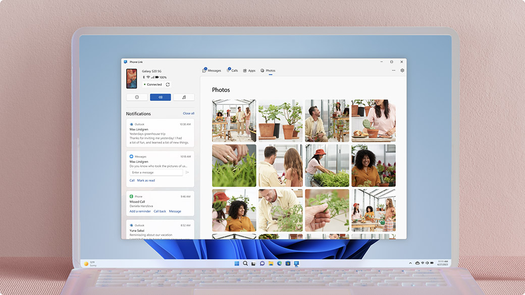 Phone Link-vensters met Outlook-meldingen en foto&apos;s