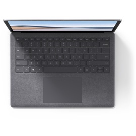 Vue du dessus du clavier de rechange QWERTY attaché à un Surface Laptop 4 en finition Platine Alcantara®
