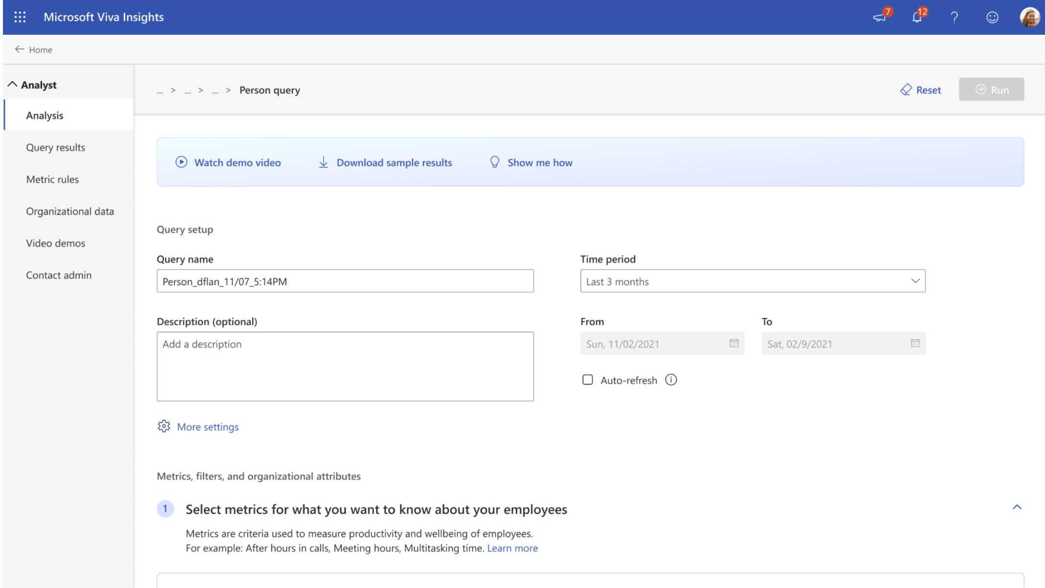 A person query analysis reported being created with Viva Insights.