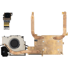 Top view of replacement front camera, slightly asymmetrical, and an overhead view of a fan and copper-colored thermal module.