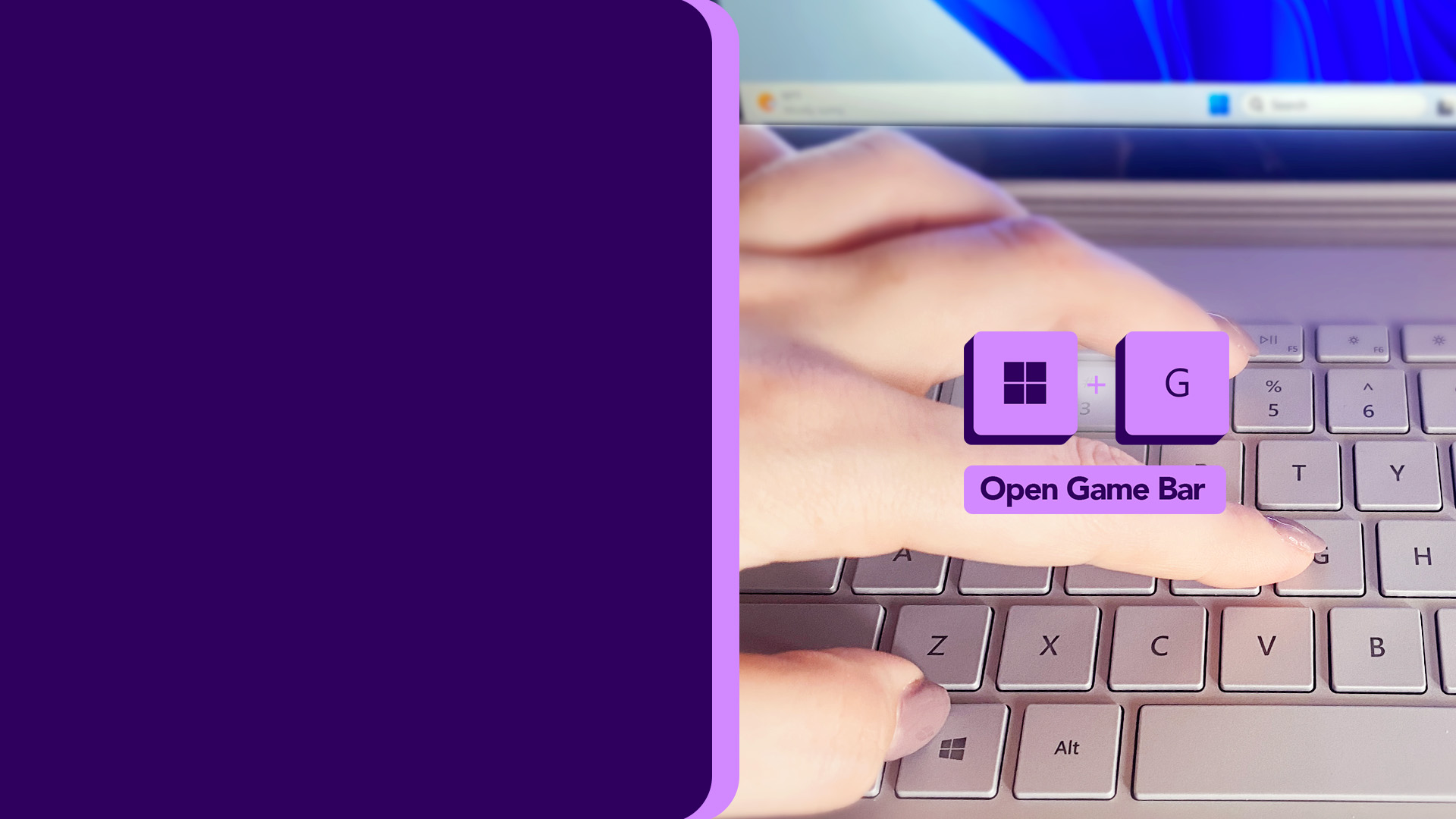 A hand hovers over a keyboard using Windows keyboard shortcuts windows key and g