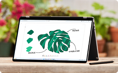 Laptop deschis cu o frunză ilustrată pe ecran