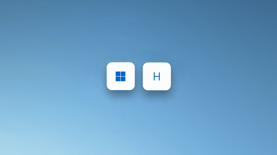 Animacija koja prikazuje pritiskanje tastera sa Windows logotipom i tastera H za korišćenje prepoznavanja govora