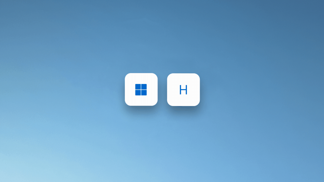 Animācija, kurā redzama Windows logotipa taustiņa un H nospiešana, lai izmantotu runas atpazīšanu