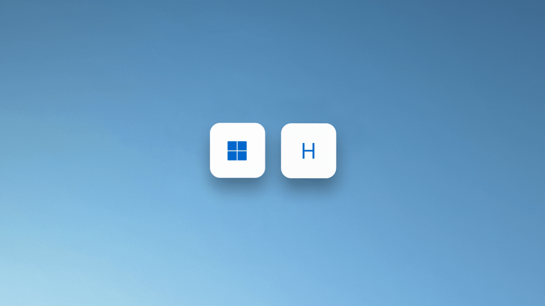 Animacja przedstawiająca naciśnięcie klawiszy logo Windows i H w celu skorzystania z rozpoznawania mowy