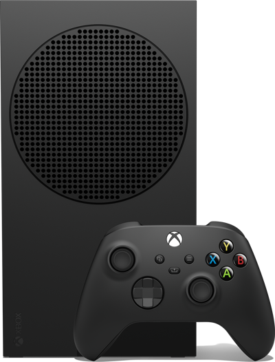 Vue inclinée latérale de la Xbox Series S – 1 To (noir) avec manette
