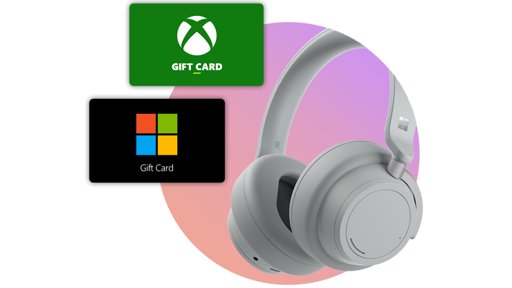A Surface Headphones next to gift cards for Microsoft Store and Xbox.