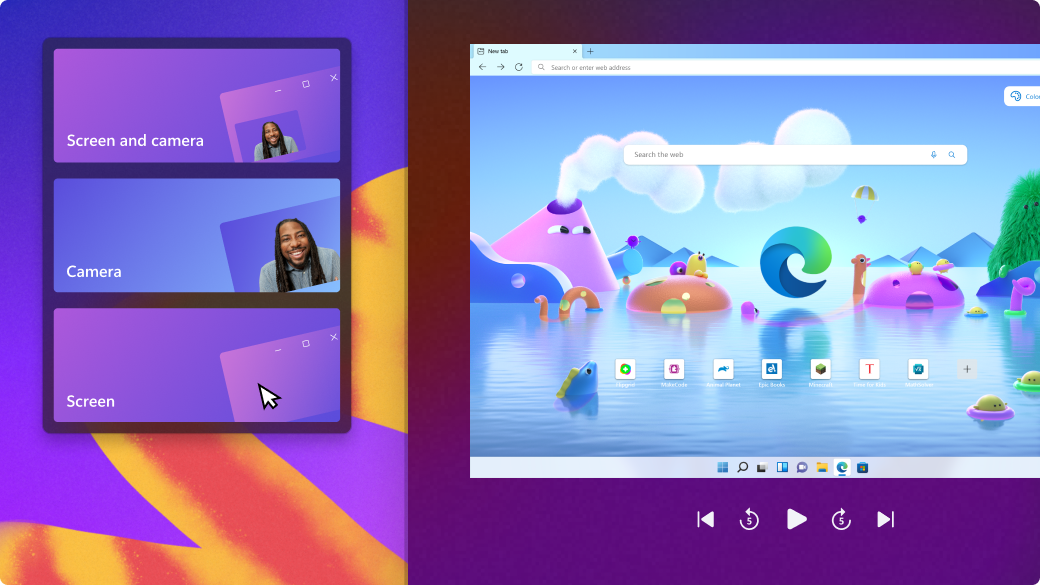 Microsoft Edge Kids Mode screen with screen and camera options