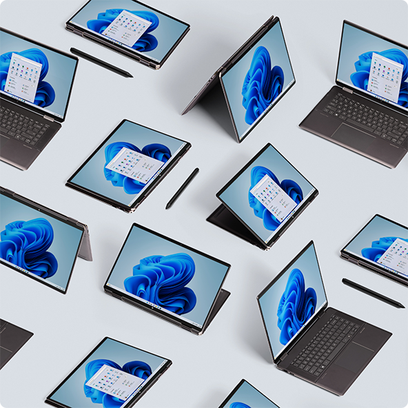 An array of Windows 11 devices showing the Windows bloom
