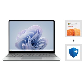 A Surface Laptop Go 3 Essentials Bundle with a Microsoft 365 Personal subscription and a Microsoft Complete Protection Plan. 