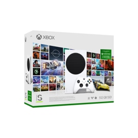 Xbox Series S z kontrolerem w kolorze Robot White i kartą z napisem Xbox Game Pass Ultimate, z mozaiką zdjęć pudełek przedstawiających gry dostępne w ramach subskrypcji Xbox Game Pass w tle