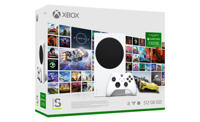 Xbox Series S with Robot White controller and a card that says Xbox Game Pass Ultimate on it, with a mosaic of box shots depicting games available with Xbox Game Pass in the background