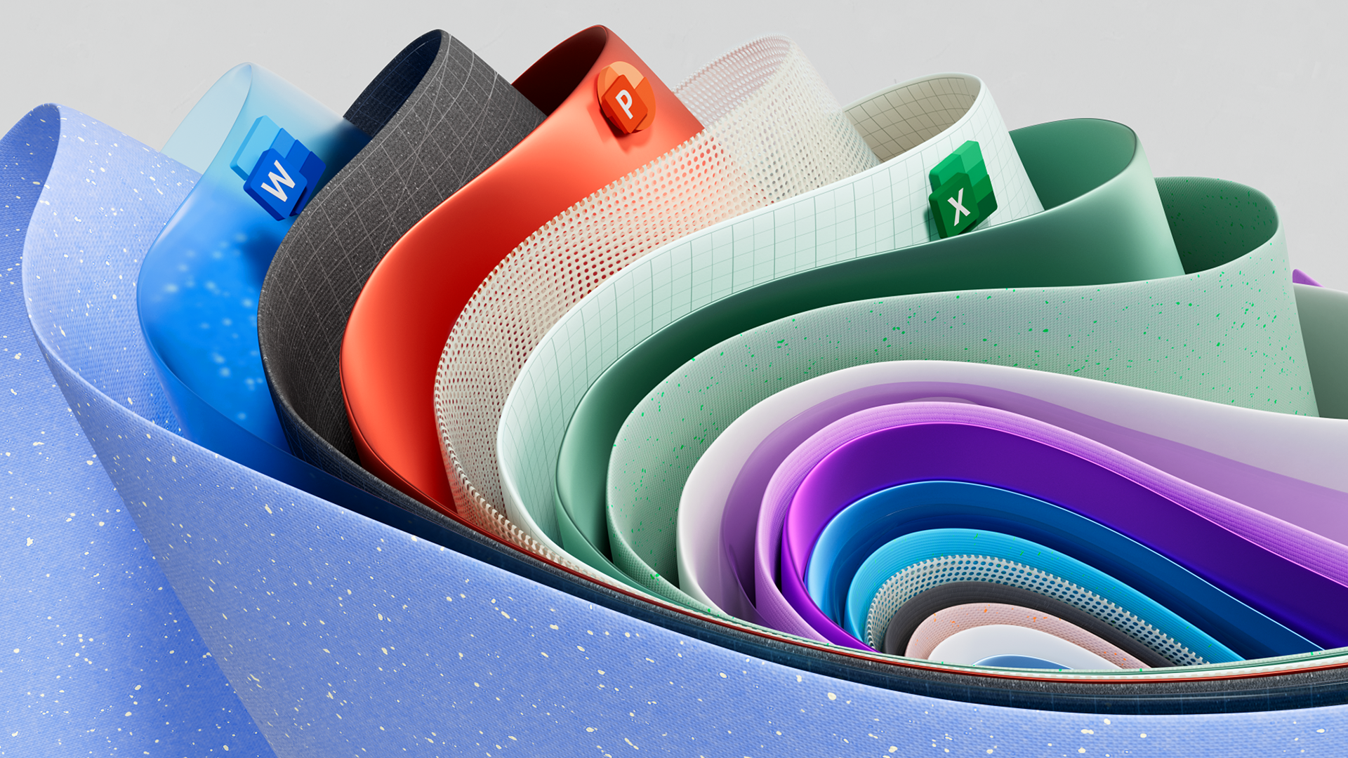 Microsoft 365 のさまざまなアプリを表示する、幾重にも重なった色付きブルーム