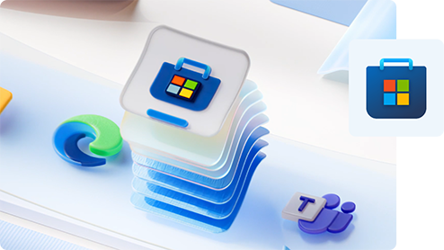 Lagen van Microsoft Store-logo die van de pagina stuiteren, met Edge en Teams-logo ernaast