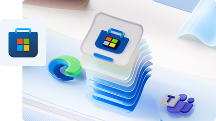 שכבות של לוגו חנות Microsoft Store שקופצות מהעמוד, עם לוגו Edge, ו-Teams לידם