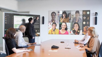 Image showing a hybrid Microsoft Teams meeting with people participating in the room remotely.