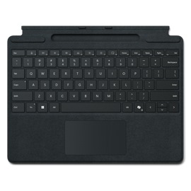 Bild uppifrån på framsidan av ett Surface Pro Keyboard i färgen Svart med pennförvaring.
