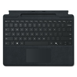 A top-down view of a Surface Pro Keyboard with pen storage for Business in the color Black.