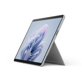 A Surface Pro 10 for Business in the color Platinum uses the built-in Kickstand.