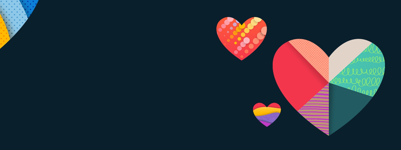 Colorful stylized hearts on a dark blue background.