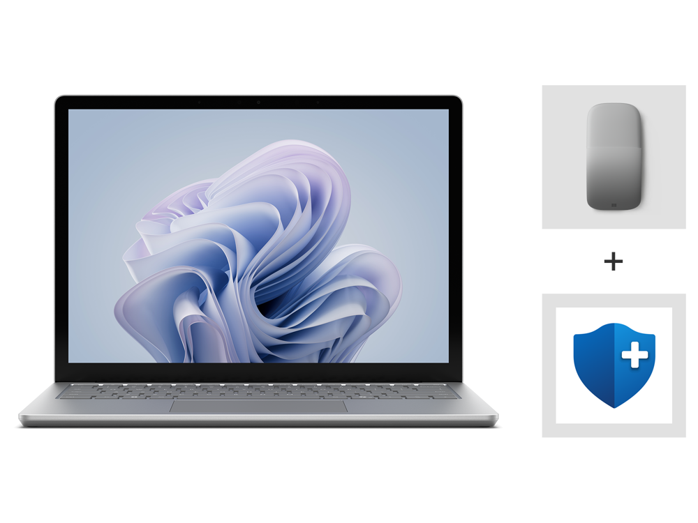 A Surface Laptop 6 for Business in the 13.5-inch size and the color Platinum, with a Surface Mouse and the Microsoft Complete logo next to it.