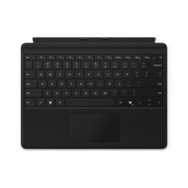 Bild uppifrån på framsidan av ett Surface Pro-tangentbord för företag i färgen Svart.