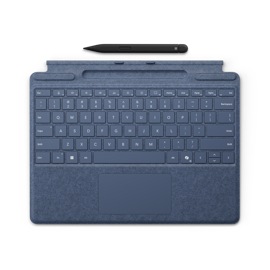 Une vue de haut d’un clavier Surface Pro Keyboard avec rangement du stylet Slim Pen de couleur saphir.