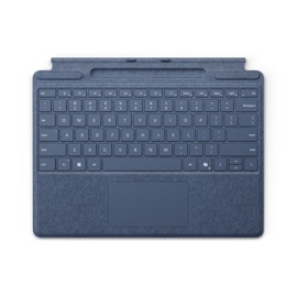 En topp-ned visning av et Surface Pro Keyboard med pennoppbevaring i fargen safir.