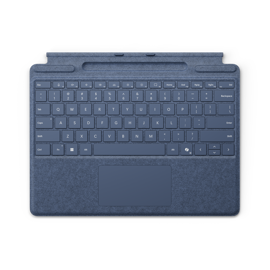 A top-down view of a Surface Pro Keyboard with pen storage in the color Sapphire.