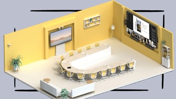 A 3D model of a meeting room with a large conference table and Microsoft Teams meeting displayed on the meeting room wall, displayed over a blue background with brush stroke-style borders.