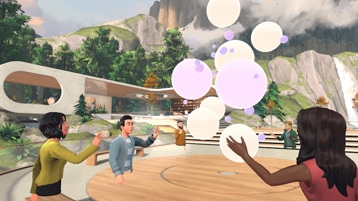 A screenshot of the Microsoft Mesh immersive spaces environment showing different employee-based avatars participating in a Microsoft Teams hybrid meeting.