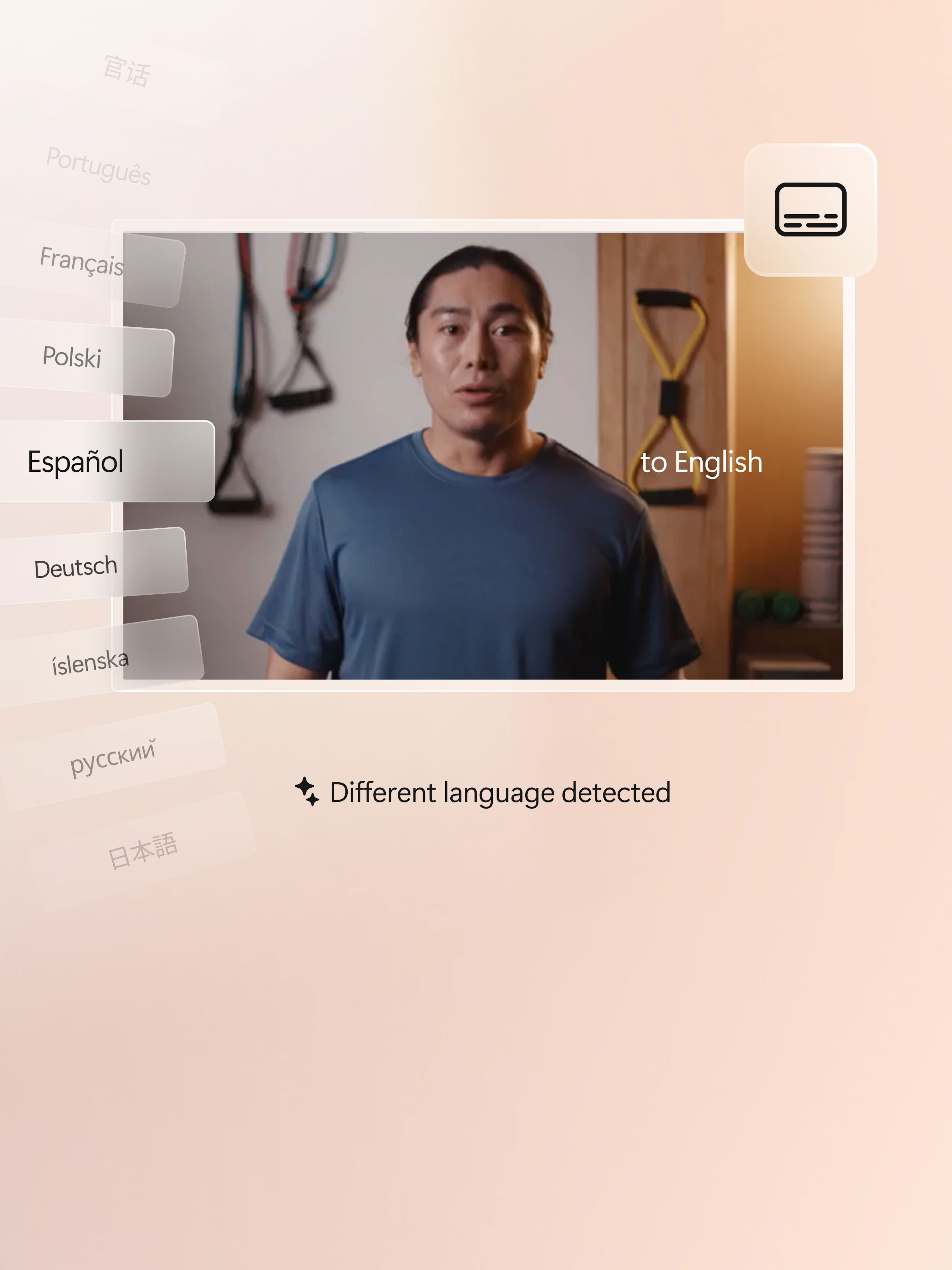 A man on a video call holding up his hand with many different languages floating around him