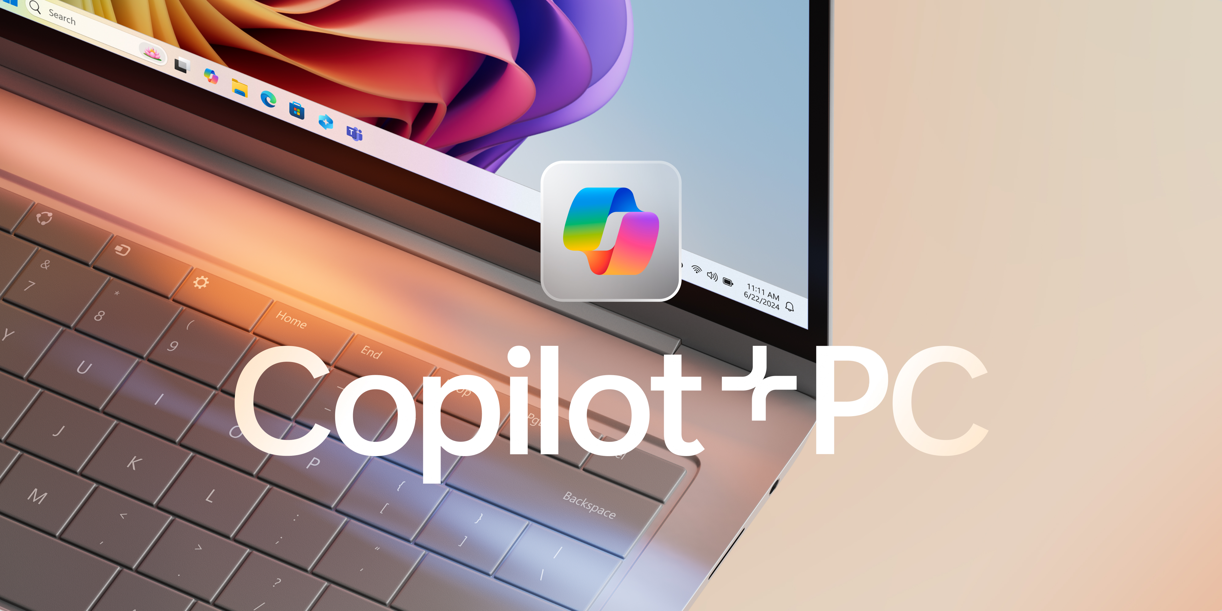 Laptop met Copilot-logo en kleurrijke bloom