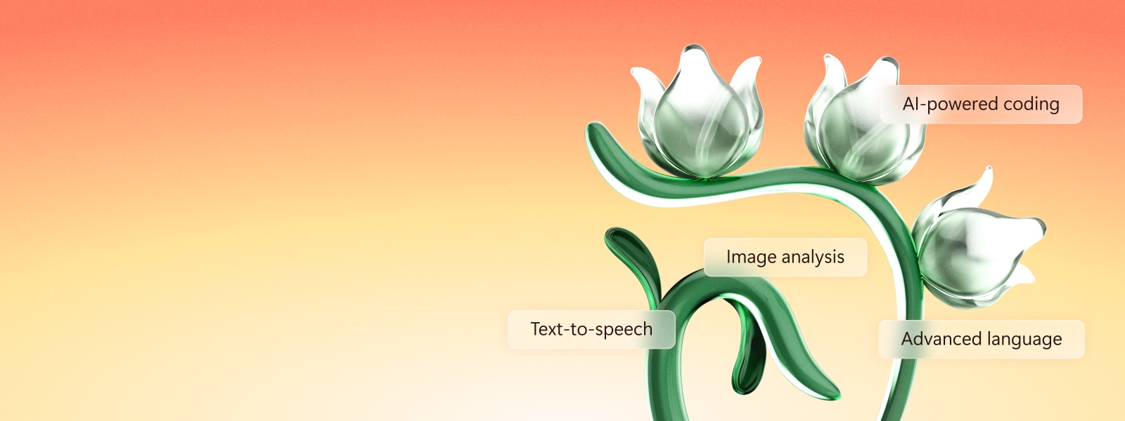Orange gradient background with computer generated flower and phrases on branches and petals, clockwise from bottom, Text-to-speech, Image analysis, AI-powered coding, Advanced language